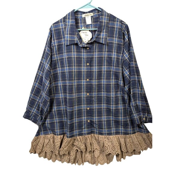 Paisley Vine Women Plus 2XL Plaid Long Sleeve Eyelet Ruffle Lace Shirt Button Up - Picture 1 of 15